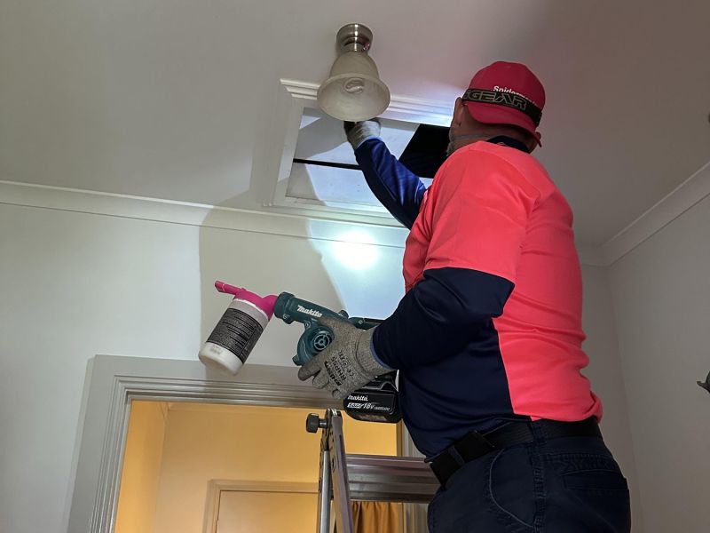 Roof pest inspection with new National Breast Cancer Foundation GO PINK uniform.